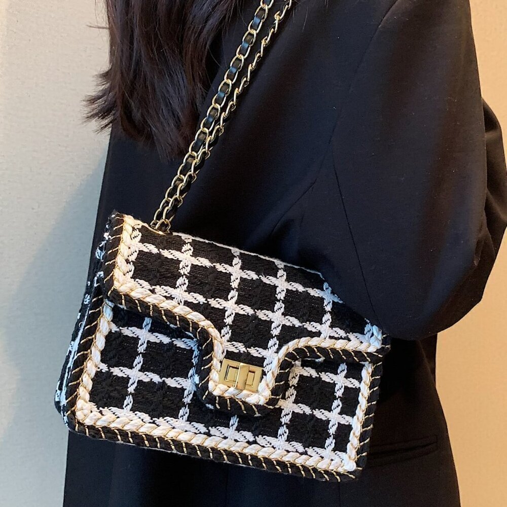 Black And White Elegant Women's Plaid Shoulder Crossbody Square Bag - Picture 2 of 6